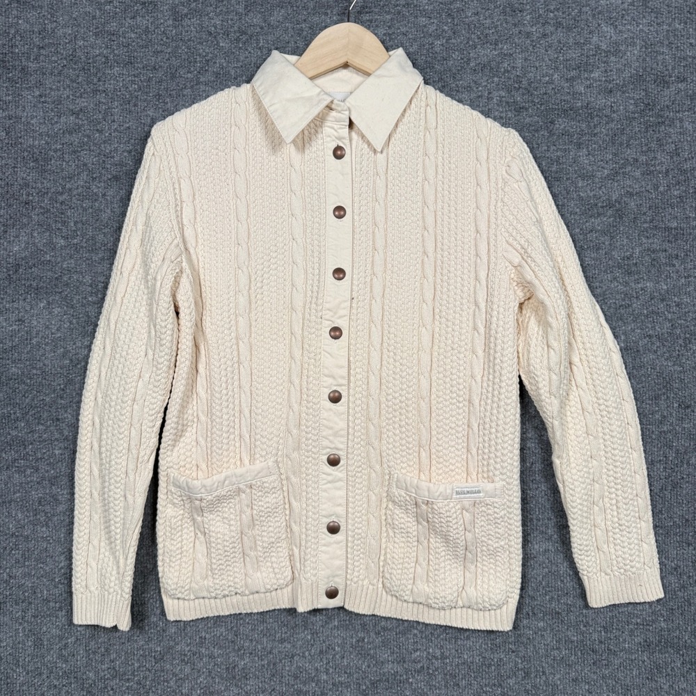 Blue Willi's Small Cardigan Sweater Cotton Button Up Cream Fisherman Cable Knit